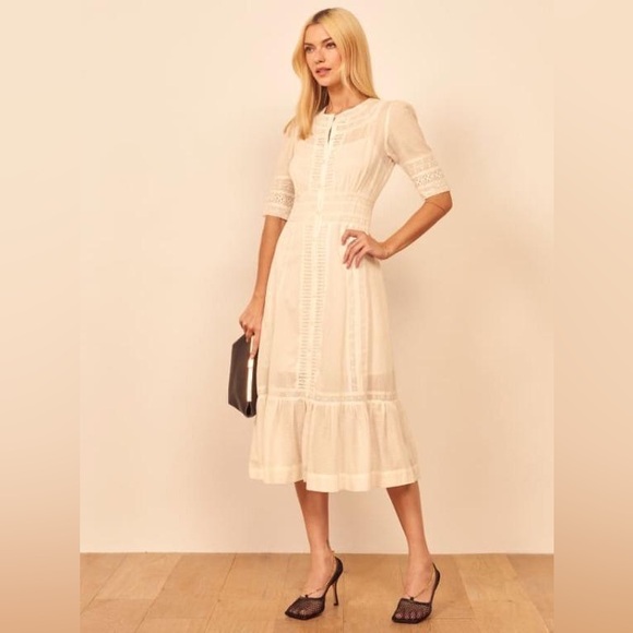 Reformation Oxford Sheer Lace Short Sleeve Button Front Maxi Dress in White - Picture 4 of 15